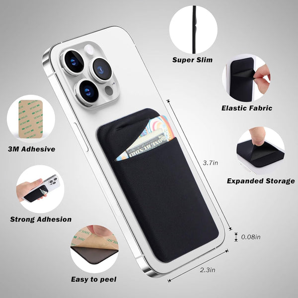 Cell phone card holder with stretchy fabric and self-adhesive sticker for back of phone