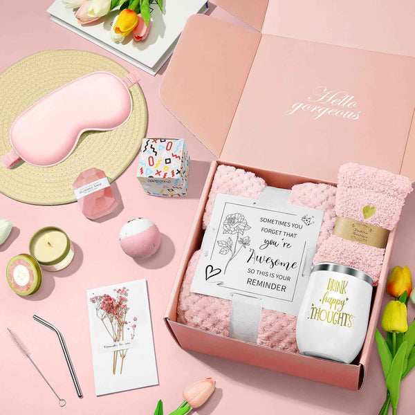 Valentines Day Gifts for Her Women Daughter Girlfriend Wife, Happy Birthday Luxury Spa Gift Set with Flannel Blanket and Stainless Steel Tumbler