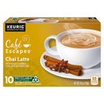 Café Escapes Chai Latte single-serve K-cup pods in 60 count box, low caffeine, contains milk, black tea and spices