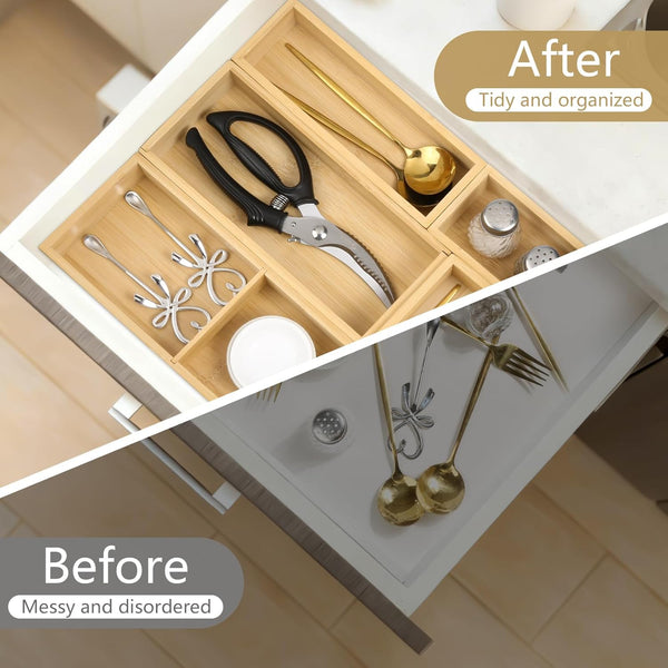 Bamboo Drawer Organizer Set for Bathroom, Kitchen, Office, and Closet