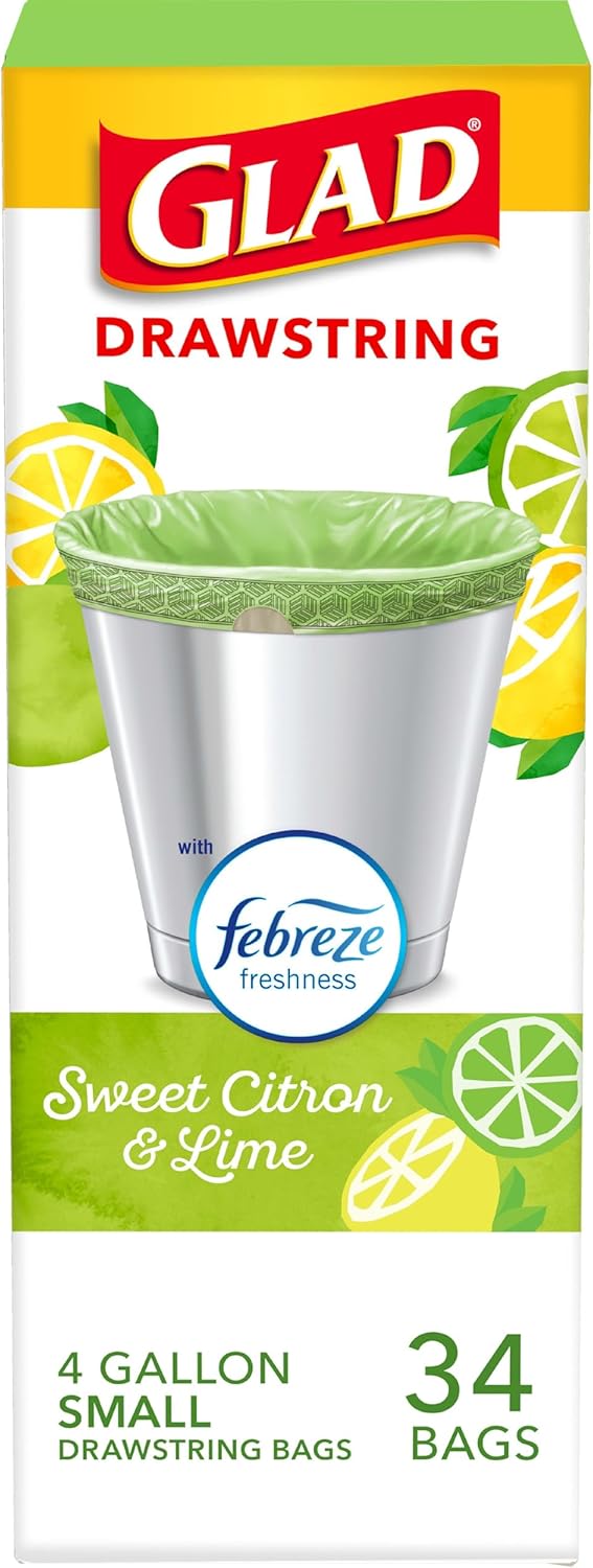 Glad Small Trash Bags 4 Gallon, Febreze Sweet Citron & Lime Garbage Bags, Odor Resistant with Drawstring, 80 Count