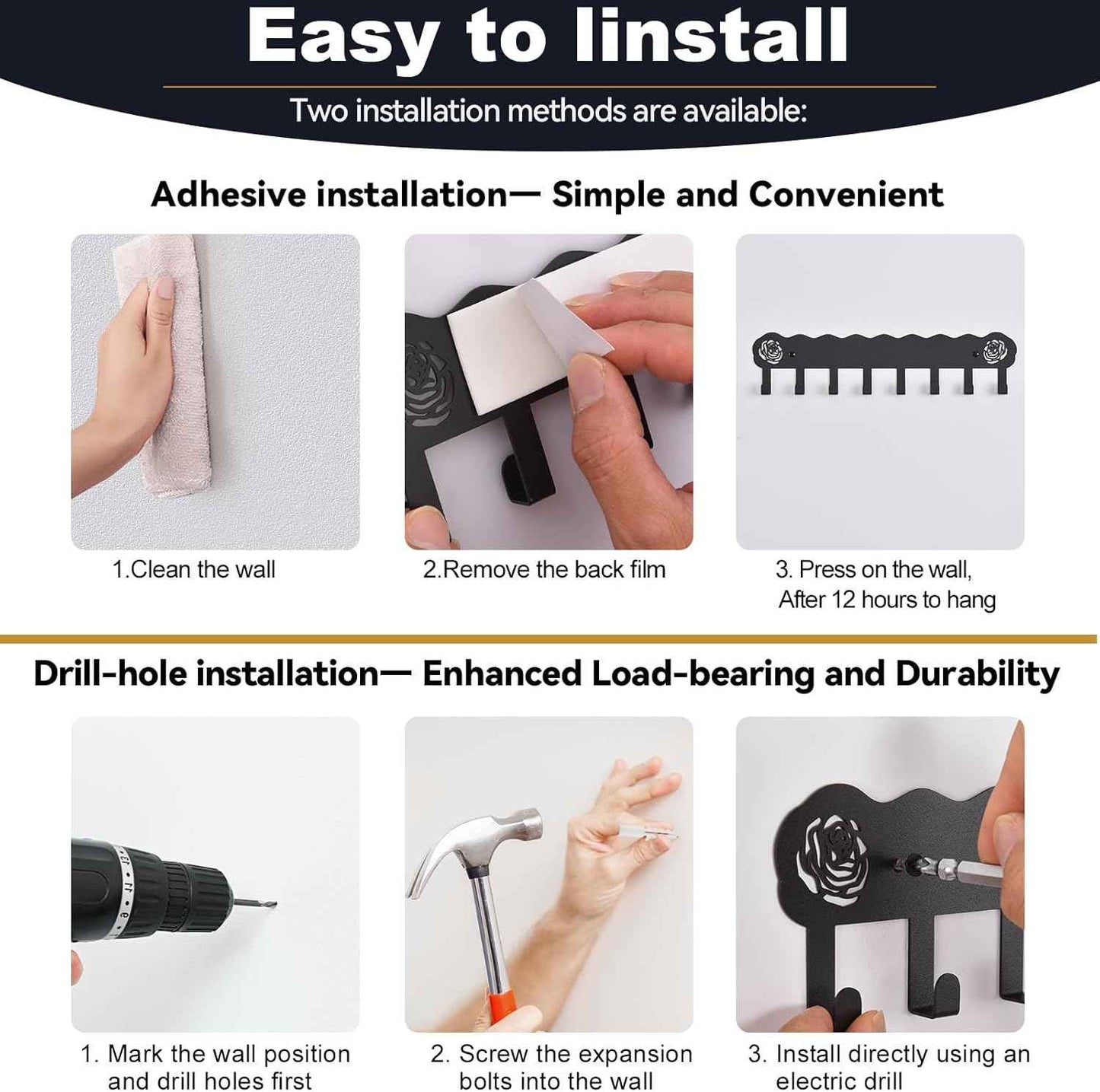 Key Holder Hooks Organizer Hanger Rack Wall Mounted with 8 Hooks, Adhesive Key Holder for Wall, No Drill Modern Key Holder Wall Mount, for Entryway, Kitchen, Hallway, RV Decor （Medium）