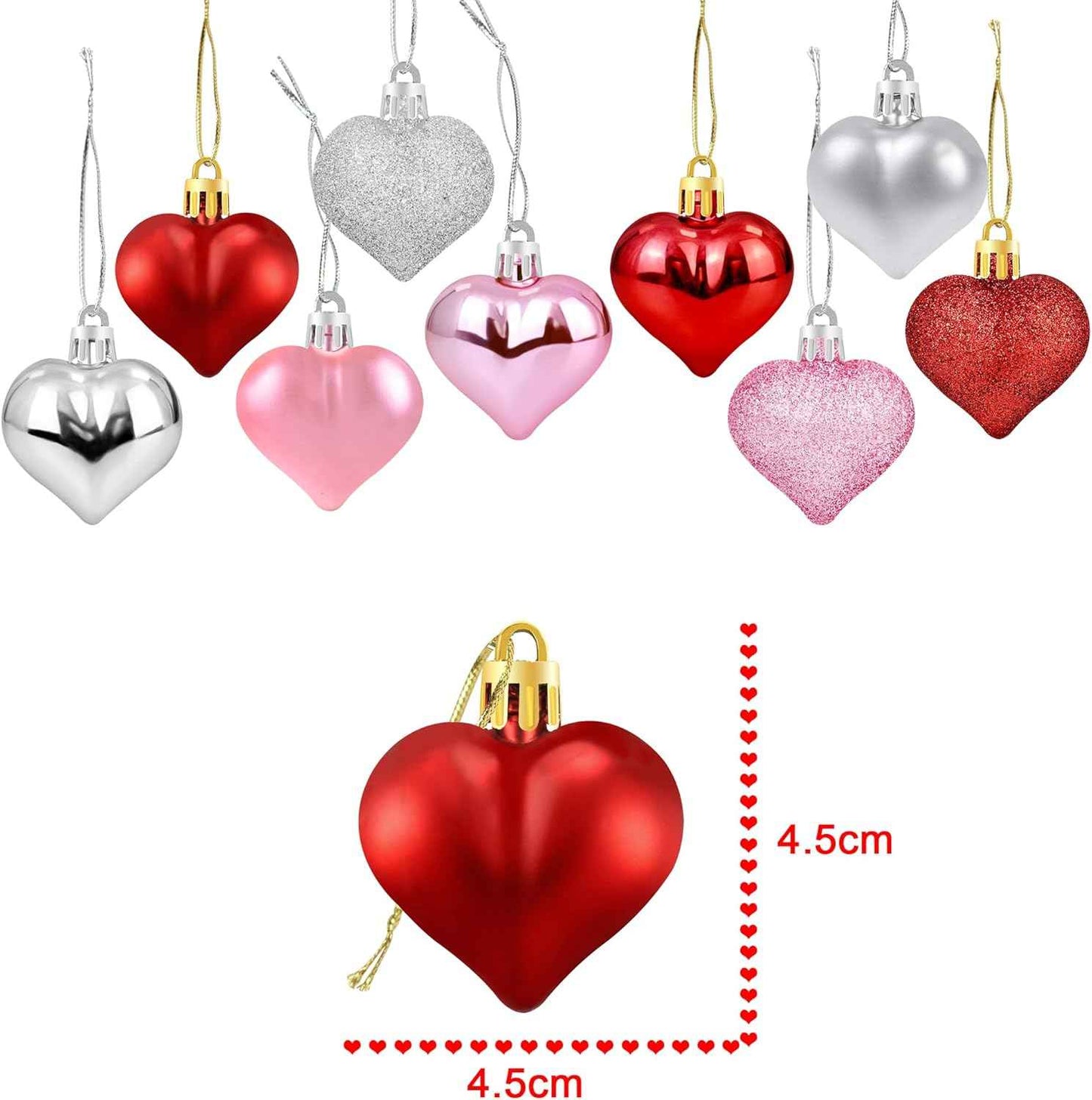 36Pcs Valentines Heart Shaped Ornaments - Valentines Heart Decorations - Red Pink Silver Glitter Heart Shaped Baubles - Romantic Christmas Valentines Tree Hanging Decorations