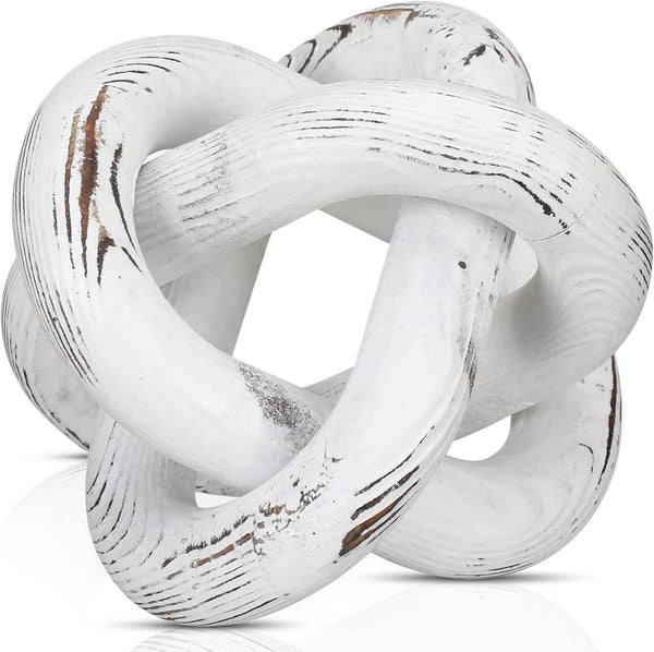 3 Link Wood Knot Decor - Hand Carved Coffee Table Decoration, Boho Chain Link Decor, Modern Shelf, Rustic Objects for Home Living Room Bedroom(White)