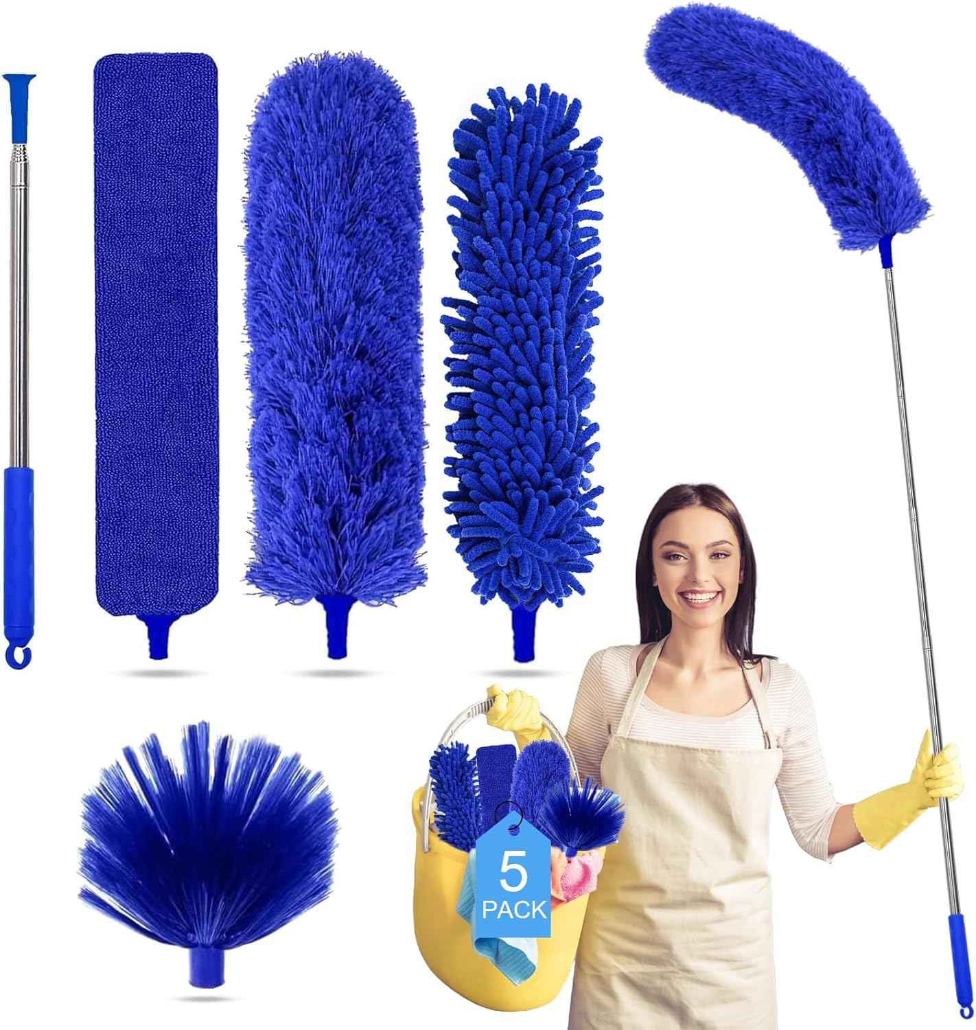 Microfiber Feather Duster 5-in-1 Kit, Dusters for Cleaning, Duster with Extension Pole 100 Inches, Cobweb Duster, Microfiber Dusters for High Ceilings and Fans, Blinds, Cars and Furniture