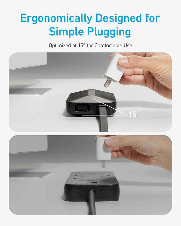 anker 300j flat plug 10-in-1 ultra thin power strip with 6 ac and 3 usb ports, extension cord, desk charging station, 5 feet, black