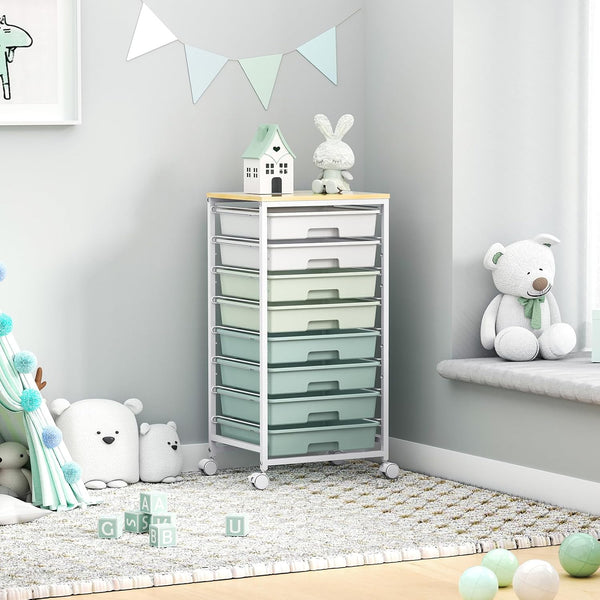 Rolling Storage Utility Cart with 8 Drawers and Wooden Tabletop