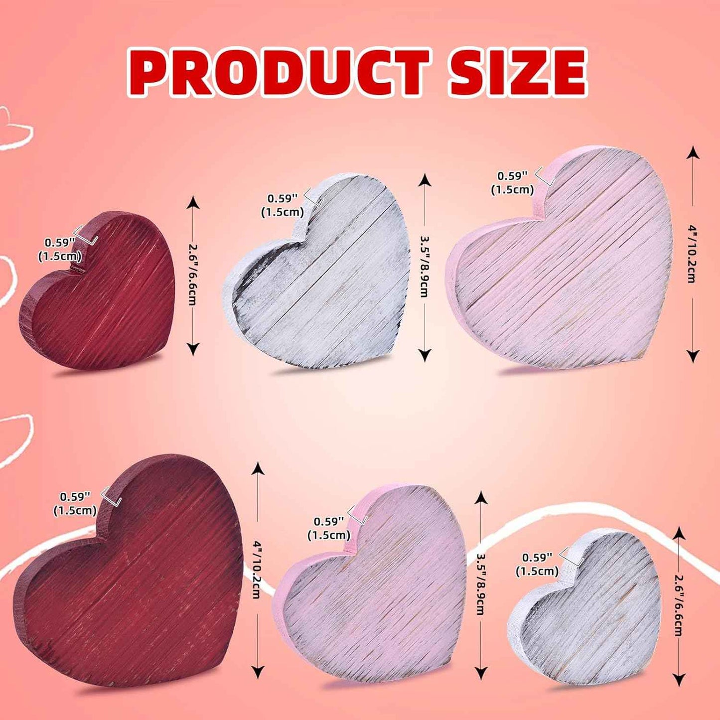 6PCS Valentine's Day Wooden Heart Block Set, Rustic Valentines Day Decorations for Tiered Tray Decor, Candy Heart Valentines Table Decor, Wooden Hearts Decor for Valentine's Day Centerpiece (6PCS)