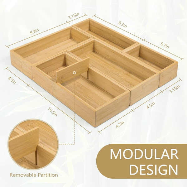 Bamboo Drawer Organizer Set for Bathroom, Kitchen, Office, and Closet