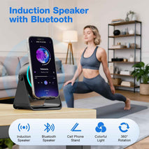 TARKARI Wireless Induction Speaker, 5 in 1 Bluetooth Speaker, 360° Rotation Cell Phone Stand with Colorful Ambient Light Compatible with iPhone iPad Android Tablet, Birthday Gifts for Women Men Him
