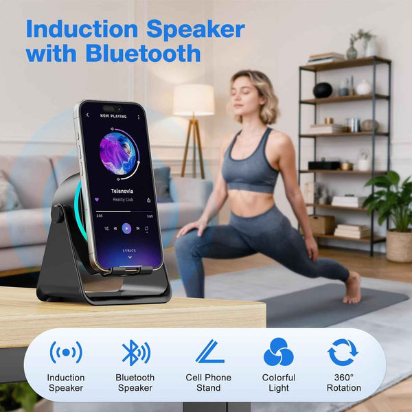 Tarkari 5-in-1 wireless induction speaker with 360° rotation stand and colorful ambient light, compatible with iPhone, iPad, and Android
