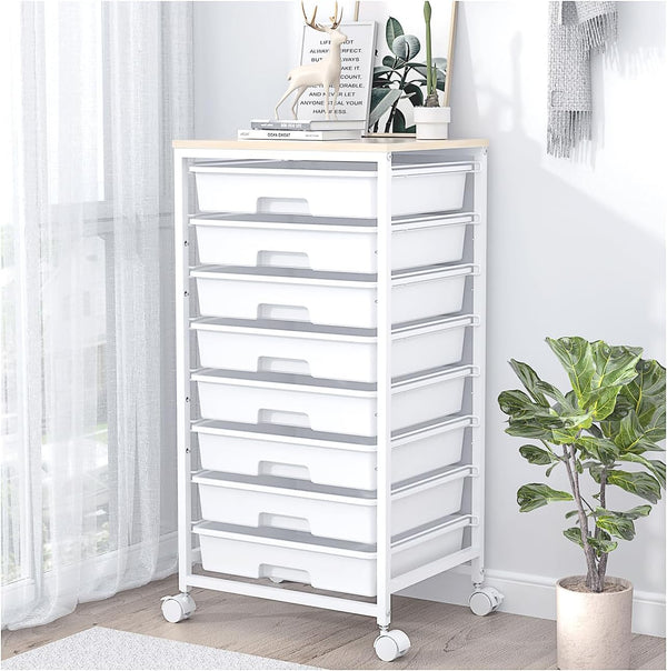 Rolling Storage Utility Cart with 8 Drawers and Wooden Tabletop