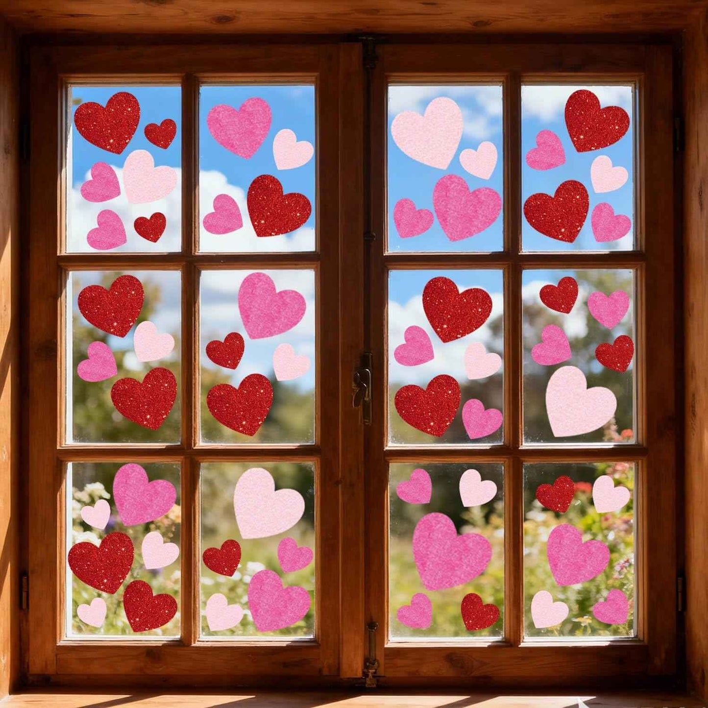 9 Sheets Valentines Day Window Clings Decoration, Glitter Heart Stickers Decor for Galentine's Day, Red Pink Decals for Home, Office, Classroom, Glass Doors