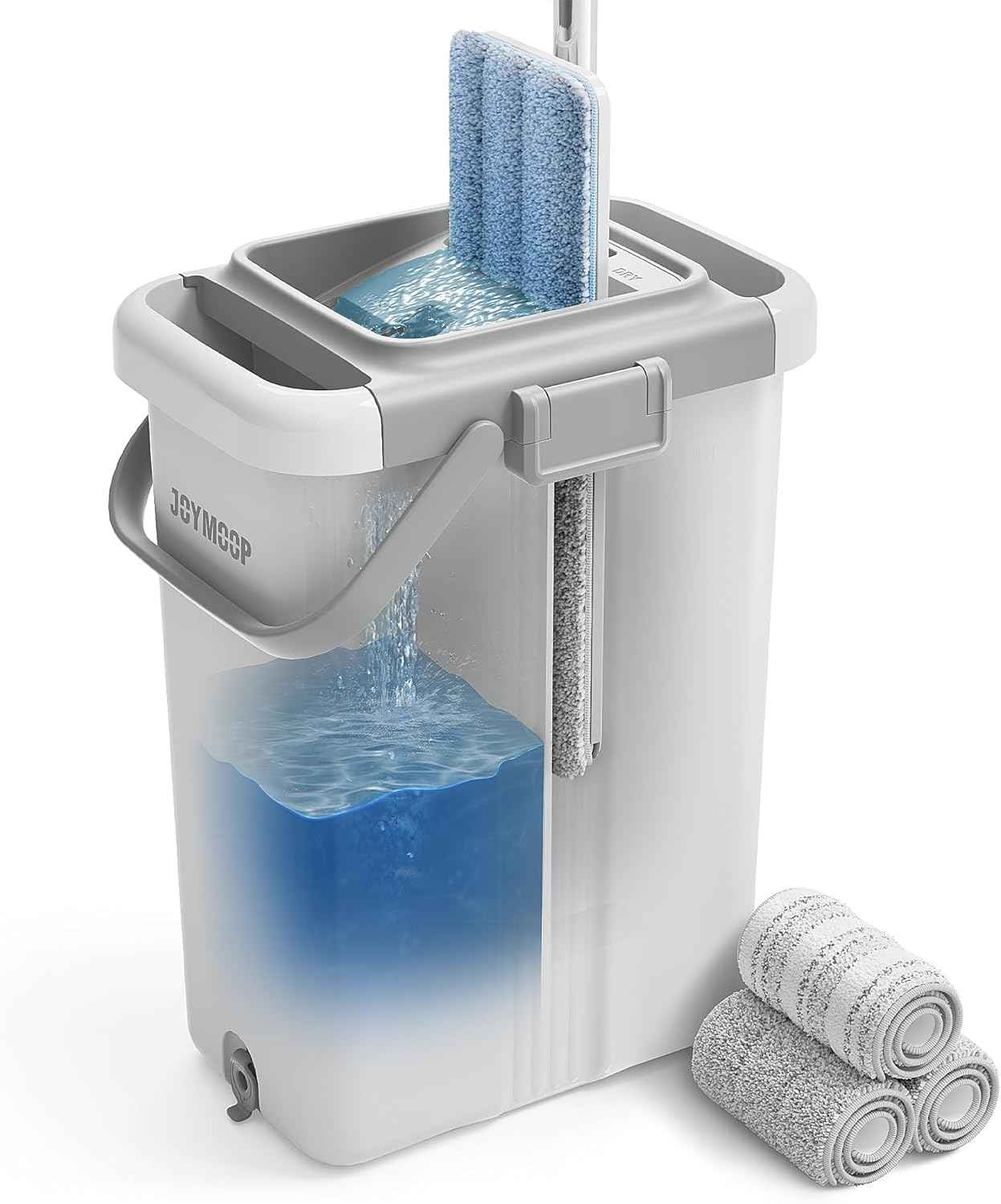 JOYMOOP Mop and Bucket Set with Wringer, Flat Mops for Floor Cleaning, Wall Mop Cleaner with Long Handle, Hardwood Floor Mop with 4 Microfiber Pads