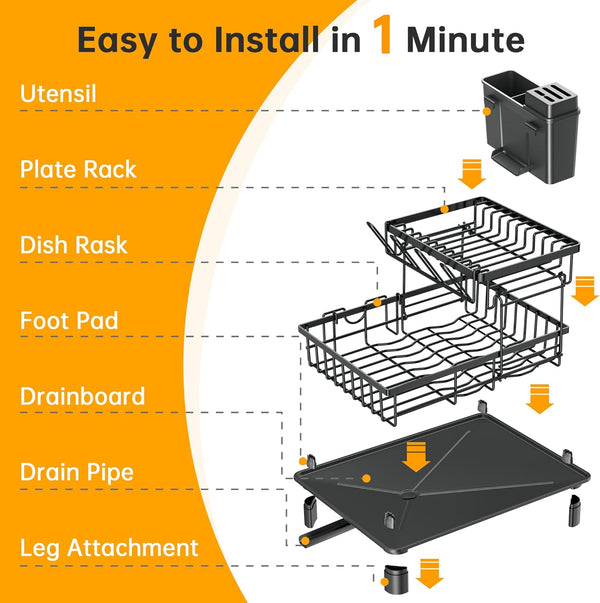Compact 2 Tier Dish Drying Rack for Kitchen Counter