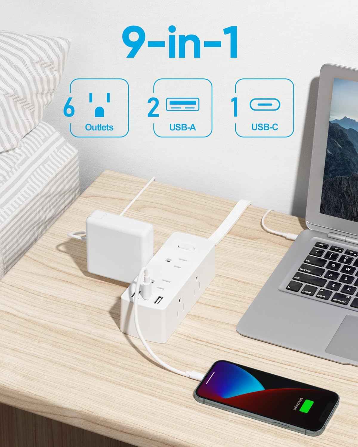 Power Strip Surge Protector, Olcorife Ultra Thin Flat Plug Extension Cord 5ft, 6 Outlets 3 USB Ports(1 USB C), 3 Sided Outlet Extender for Home Office Travel Dorm Room Essentials, White