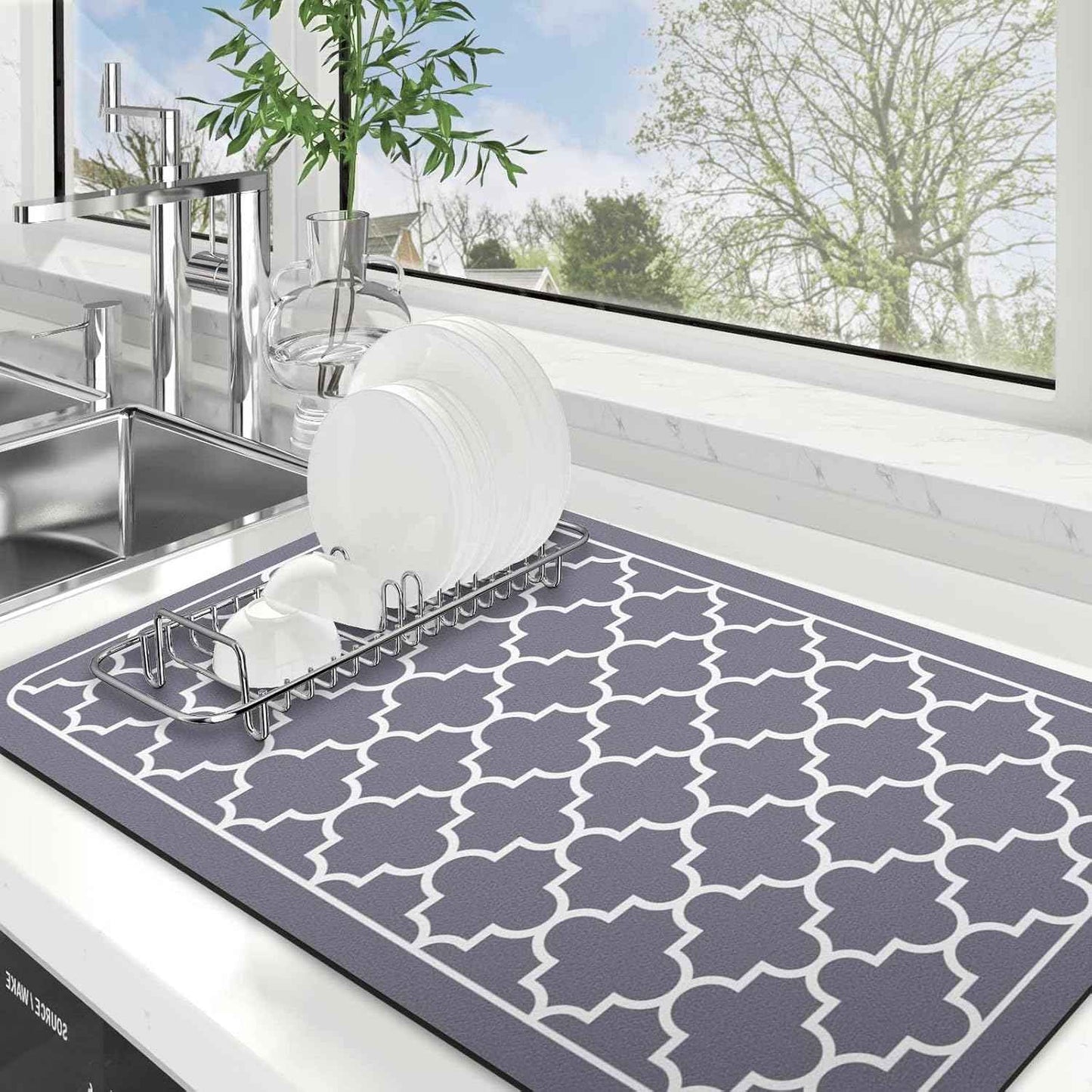 WISELIFE Dish Drying Mat Super Absorbent Drying Mat Large Dish Drying Mats for Kitchen Counter Easy Clean Dish Mat Kitchen Drying Mat15"x 18" Stylish Grey