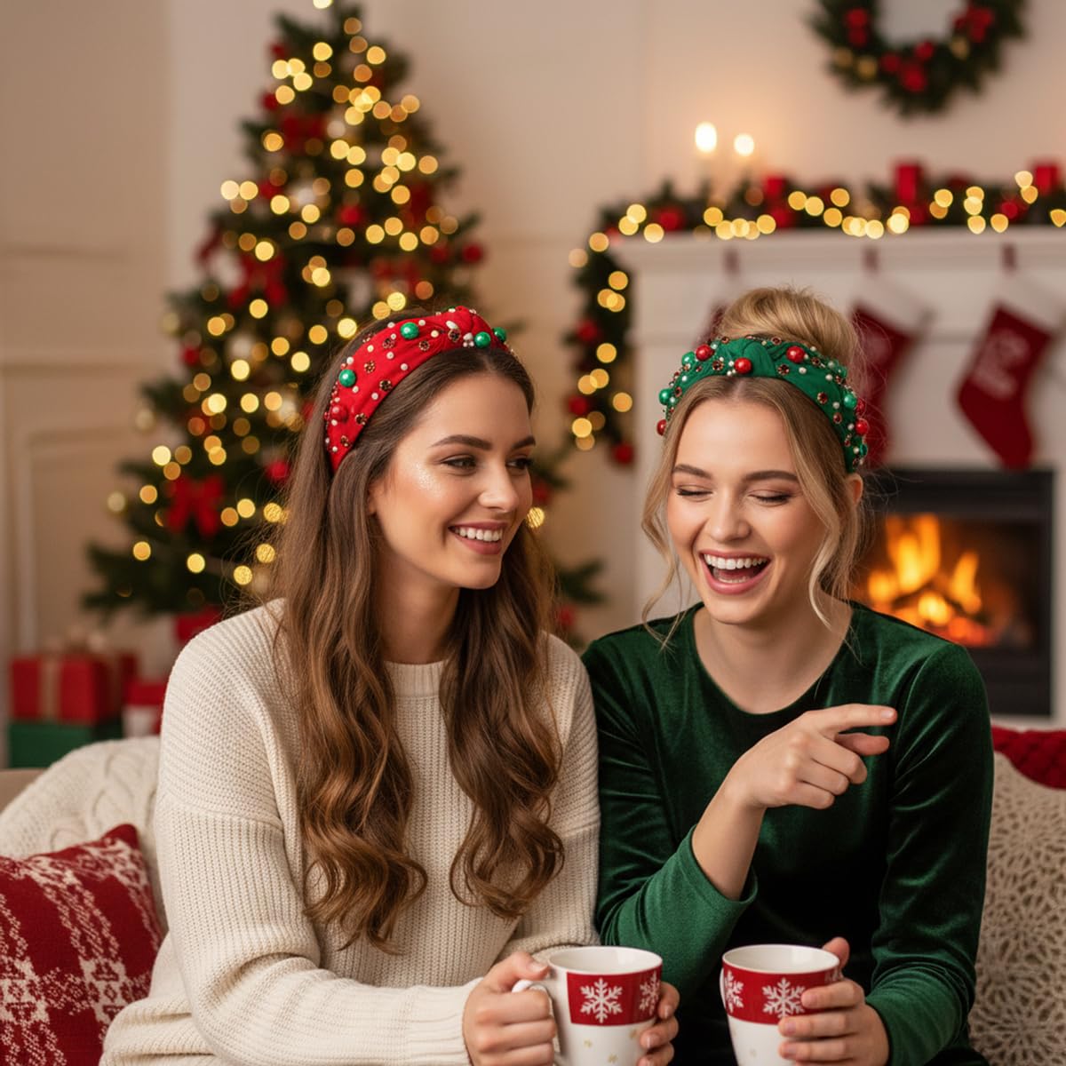 2Pcs Christmas Headbands for Women - Red Green Pearl Rhinestone Crystal Jeweled Christmas Headband - Womens Headbands Fashion Elegant Wide Top Knot for Women Holiday Clothes Accessories(Red Green)