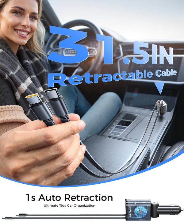 Retractable Car Charger, [Ultra-Compact] 6-Port Car Charger USB C, iPhone Car Chargers Fast Charging with Dual USB C Cables, RV Power Adapter for iPhone 17/16/15/14/13/12 Series
