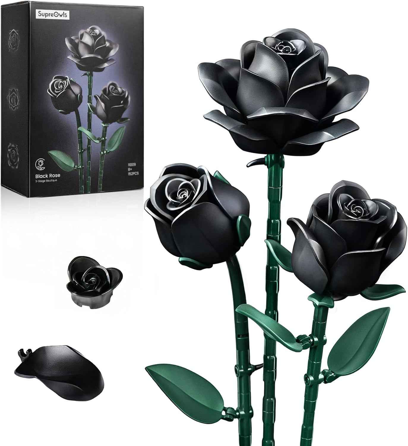 iATOM Black Roses Flower Building Set - 3Pack, Gift for Valentine's Day for Her/Mom/Girlfriend/Wife/Couple, Gothic Romantic Emo Horror Retro Artificial Flowers Botanical Collection Home Decor