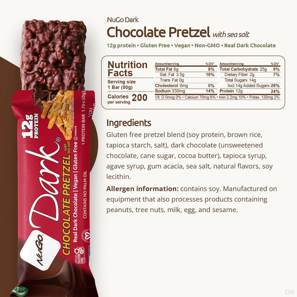 NuGo Dark Chocolate Pretzel Protein Bar, Vegan, Gluten Free, Non-GMO, Kosher Pareve, 24 Count