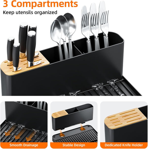 Adjustable dish drying rack for kitchen countertops, multifunctional with utensil and cup holder