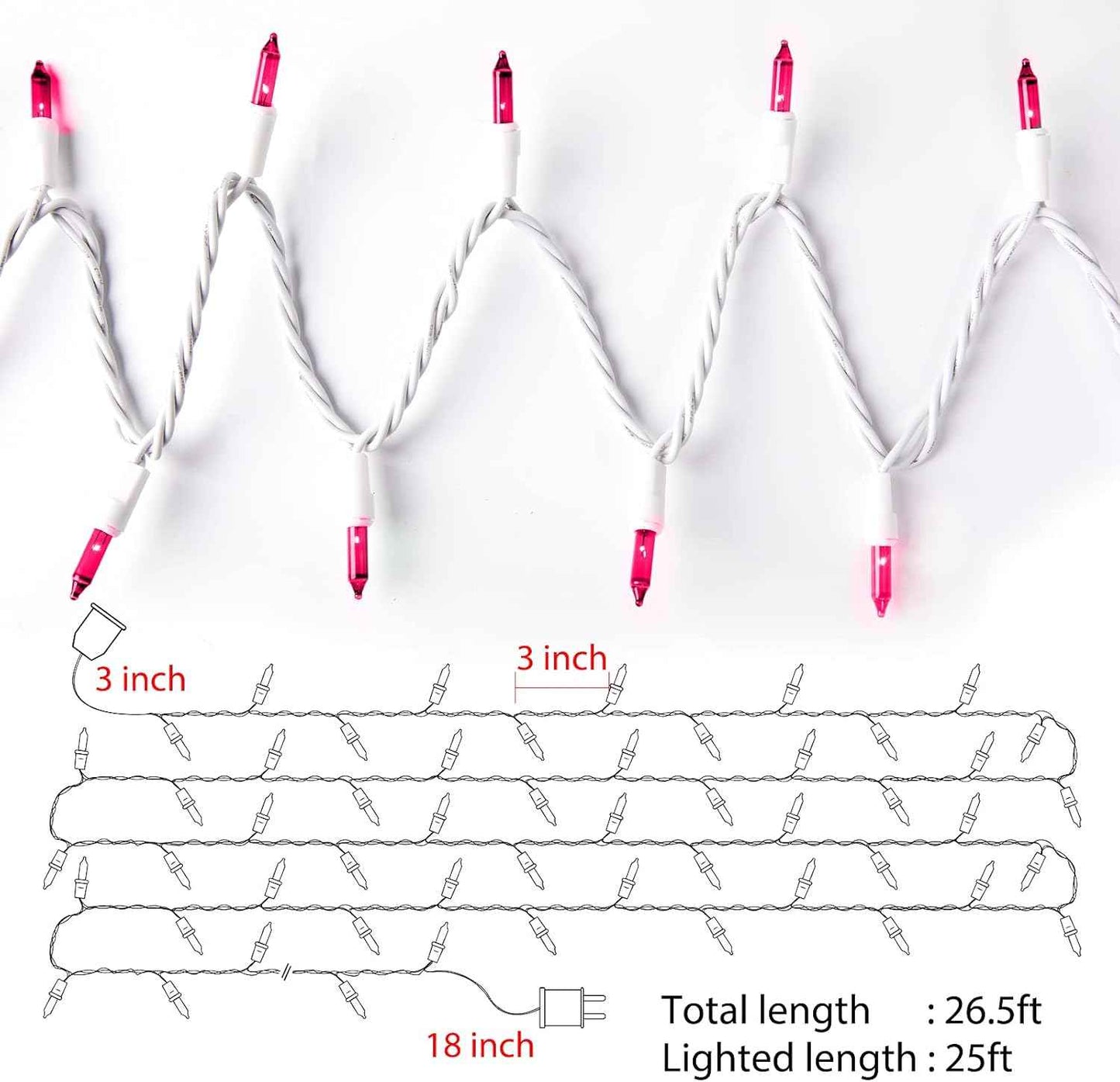Christmas Pink Mini String Lights - 100 Count 25 Feet Detachable Incandescent Bulb Waterproof Fairy Lights Plug in for Indoor Outdoor Party Patio Xmas Tree Valentine's Day Decoration, White Wire
