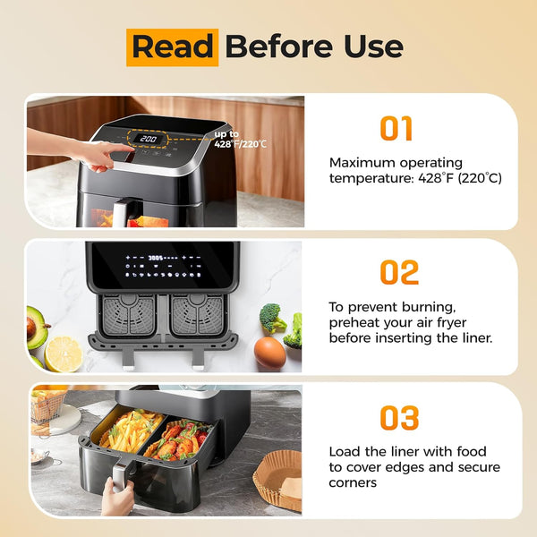 Vailnd Rectangle Air Fryer Paper Liners 200Pcs for Ninja DZ201&DZ550 | Bella Slim 4QT&6QT | Cosori | Instant Dual‑basket Air Fryer, Simple Cleanup, Greasy Proof, Disposable Airfryer Sheets 8.6x5.5In