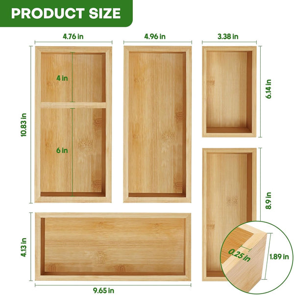 Bamboo Drawer Organizer Set for Kitchen, Bathroom, Office, and Makeup
