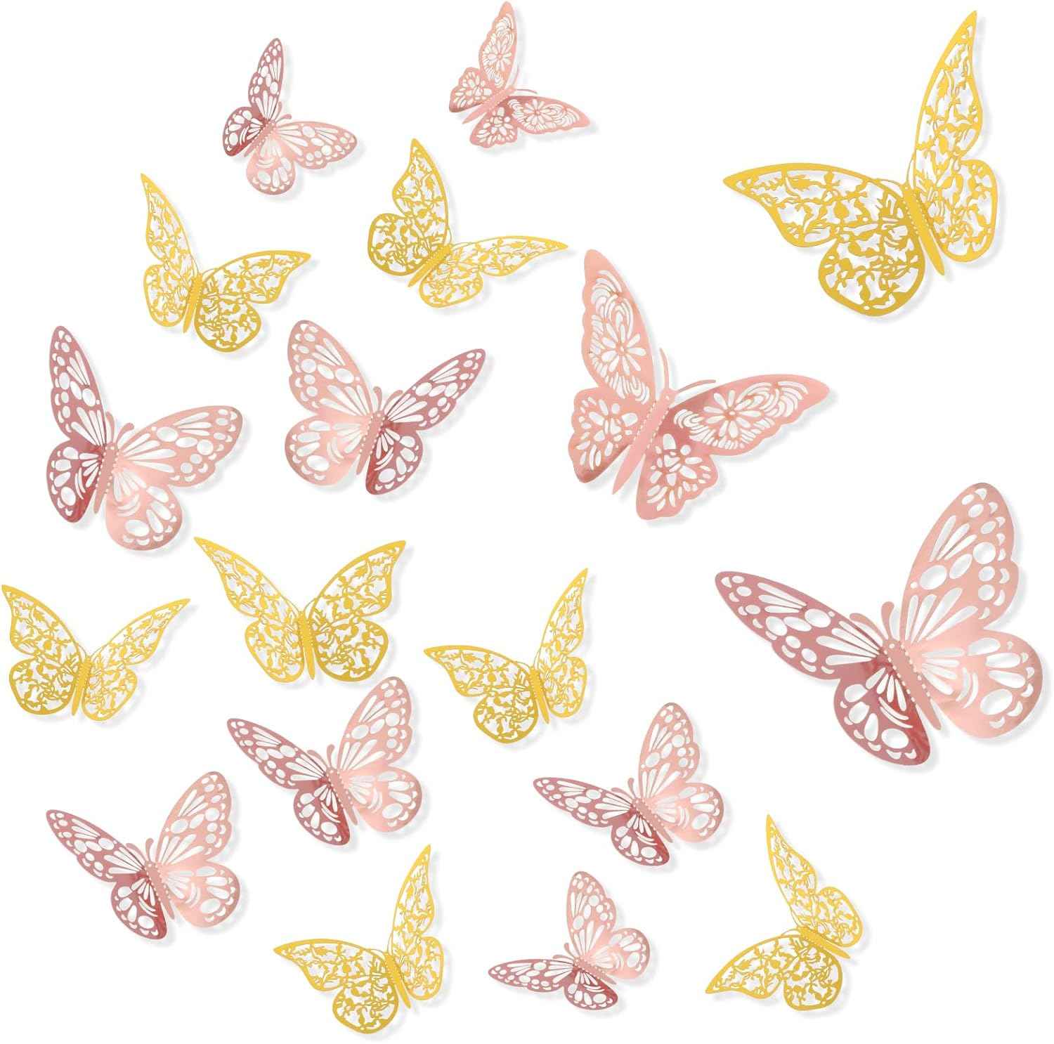72Pcs Wall Butterflies 3D Butterfly Wall Decor 3 Styles 3 Sizes Removable Butterflies Decor Set Stickers for Birthday Decorations Party Cake Decors Wedding Bedroom Gold and Rose Gold
