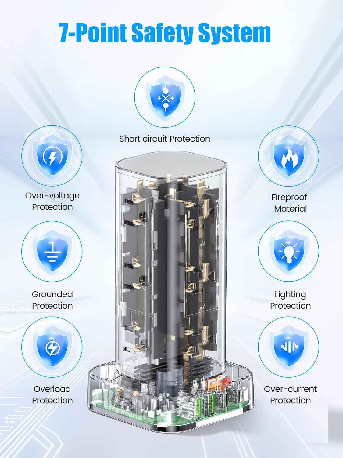 Tower Power Strips with Surge Protection, 6FT Flat Extension Cord with Multiple Outlets, 12 AC 4 USB Ports, Overload Protection Charging Station for Office Home Dorm Room Travel (White)