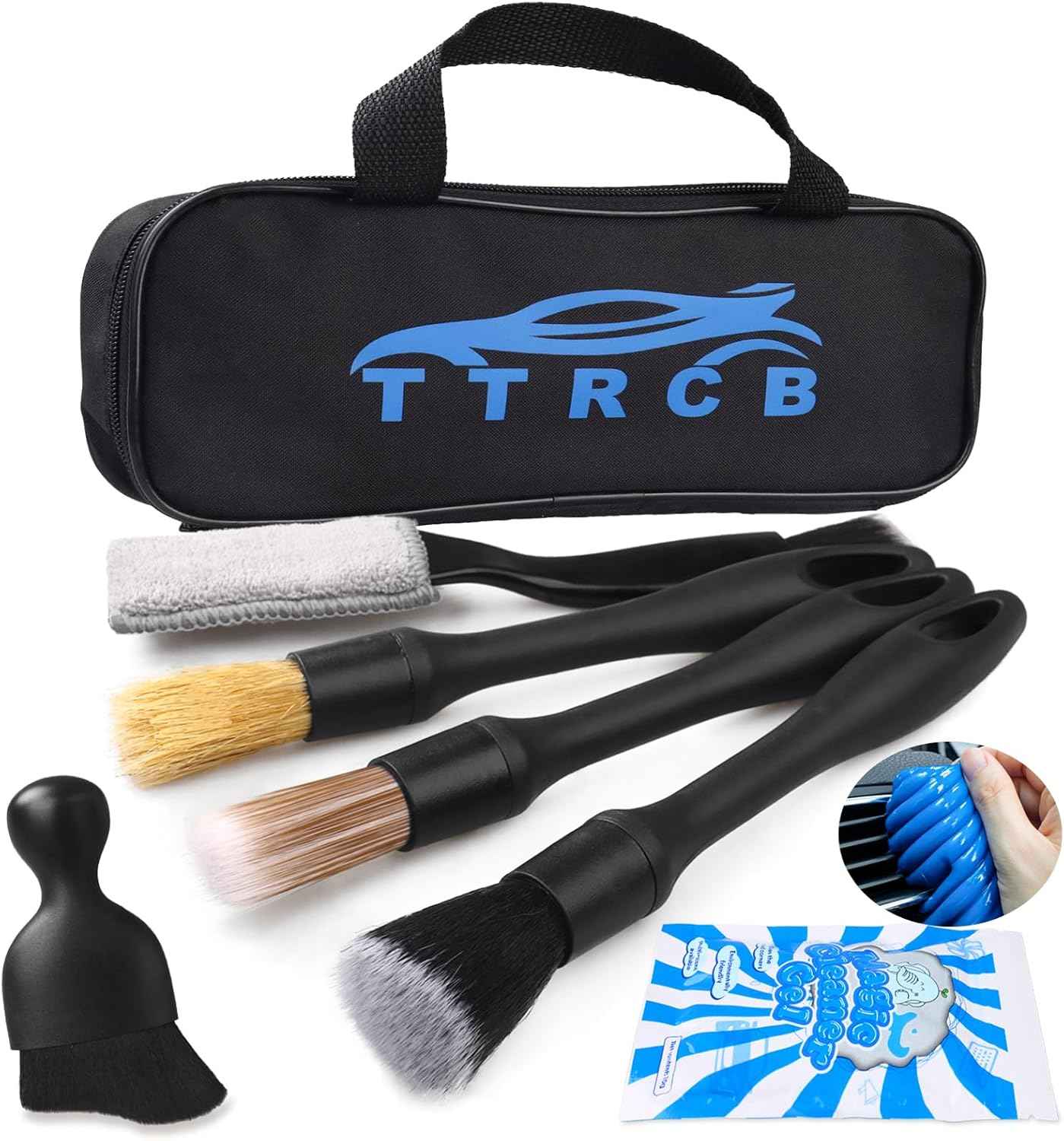 7 piece car detailing brush set with ultra-soft boar hair bristles and cleaning gel