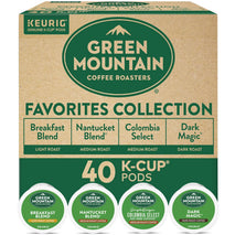 Green Mountain Coffee Roasters Favorites Collection includes 4 boxes of K-Cup pods with light, medium, and dark roasts