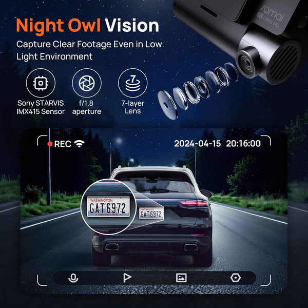 70mai 4K front and rear dash cam with STARVIS, Wi-Fi, GPS, and ADAS features