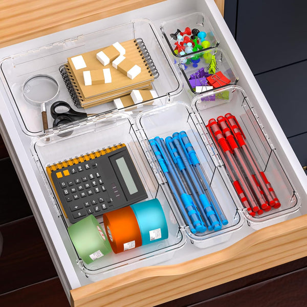 14-piece clear drawer organizer set for versatile storage