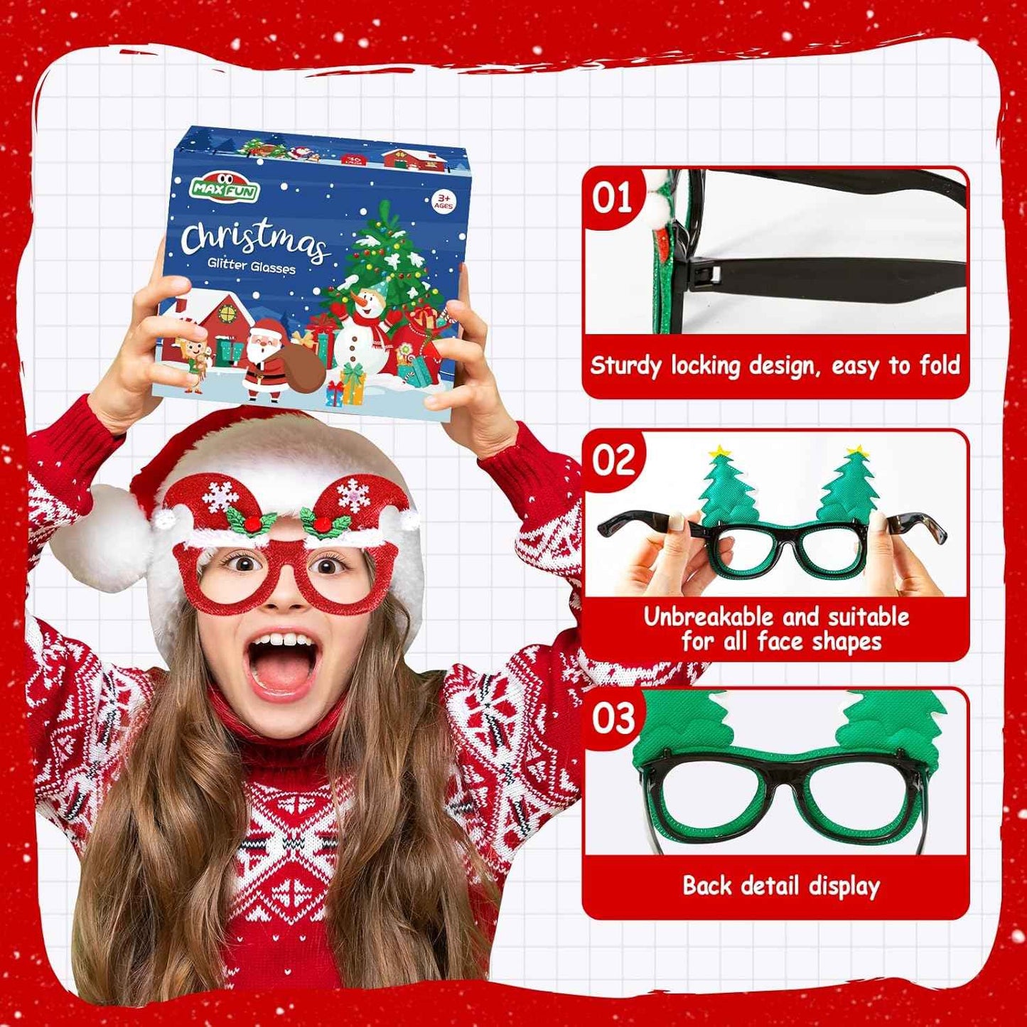 Max Fun 36 Pack Christmas Glitter Glasses, Holiday Eyeglasses Party Frames for Christmas Party Favors & Holiday Celebration Decorations, One Size Fits All