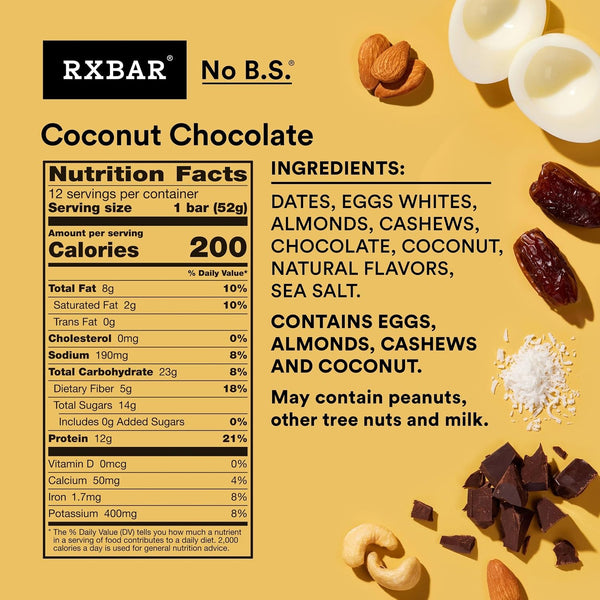 RXBAR Coconut Chocolate Protein Bars, 12 Count, 22oz Box