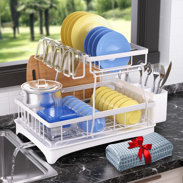 2-Tier Dish Rack with Auto-Drain and Mat for Kitchen Counter