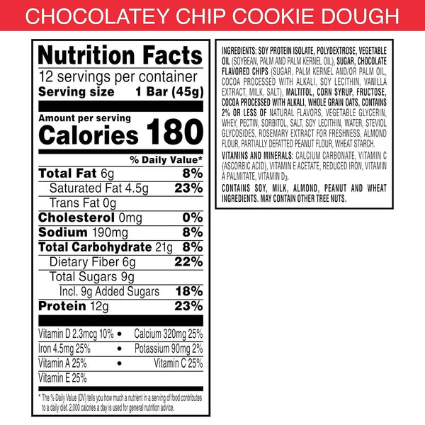Special K Bar Protein Meal Bars, 12g Protein Snacks, 12 Count, 19oz Box, Chocolatey Chip Cookie Dough