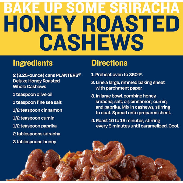 PLANTERS Deluxe Honey Roasted Whole Cashews: Sweet & Salty Snack, Plant-Based Protein, Crunchy Texture, Resealable Canister