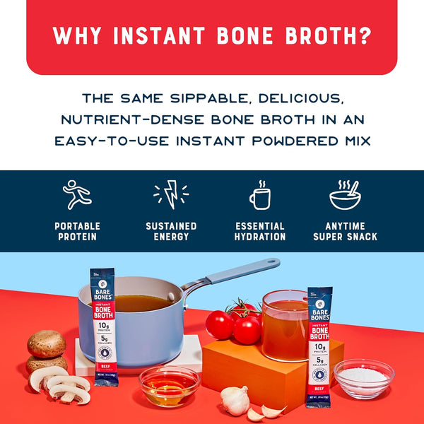 Bare Bones Beef Bone Broth Instant Powdered Mix Packets | 5g Collagen | 10g Protein | Keto & Paleo Friendly
