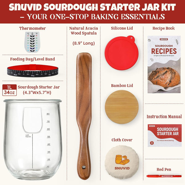 1L (34oz) Sourdough Starter Jar Kit - Wide Mouth Glass Sour Dough Bread Crock Set with Accessories