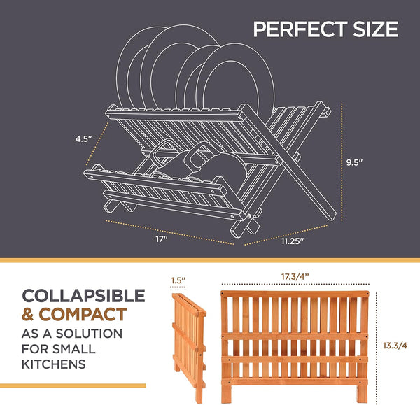 Bambusi Collapsible Bamboo 2 Tier Foldable Wooden Dish Drainer for Countertop