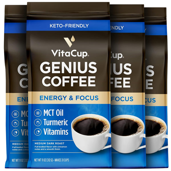 VitaCup Mushroom Coffee Grounds with Lions Mane and Chaga, Medium Dark Roast Arabica Specialty Coffee, 10 Oz