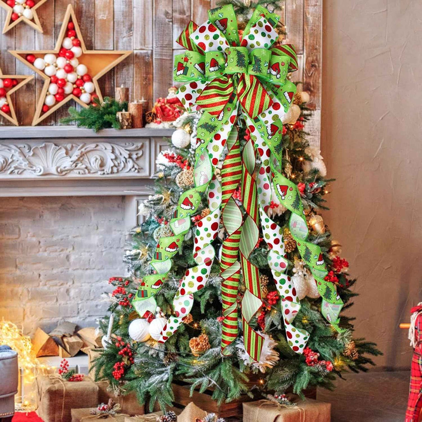 Christmas Tree Topper Bow Wreath, 44 x 13 Inches Large Green Bow Tree Topper,Christmas Wreath for Tree Indoor/Outdoor Christmas Decoration