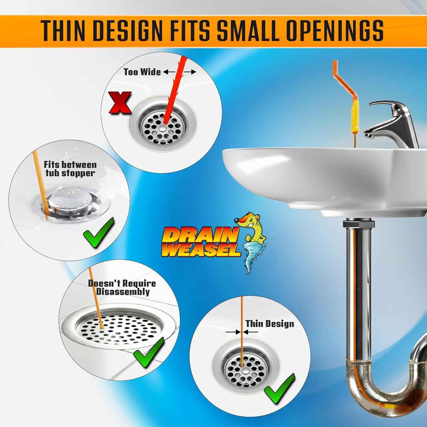 FlexiSnake Drain Weasel Sink Snake Hair Clog Remover Tool, Pipe, Bathroom, Bathtub Cleaner, 18-inch, Made in the USA, 5 Wands and Removable Handle