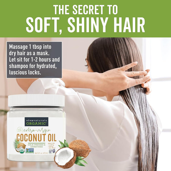 Viva Naturals Unrefined Cold-Pressed Extra Virgin Coconut Oil 16 fl oz, USDA Organic & Non-GMO