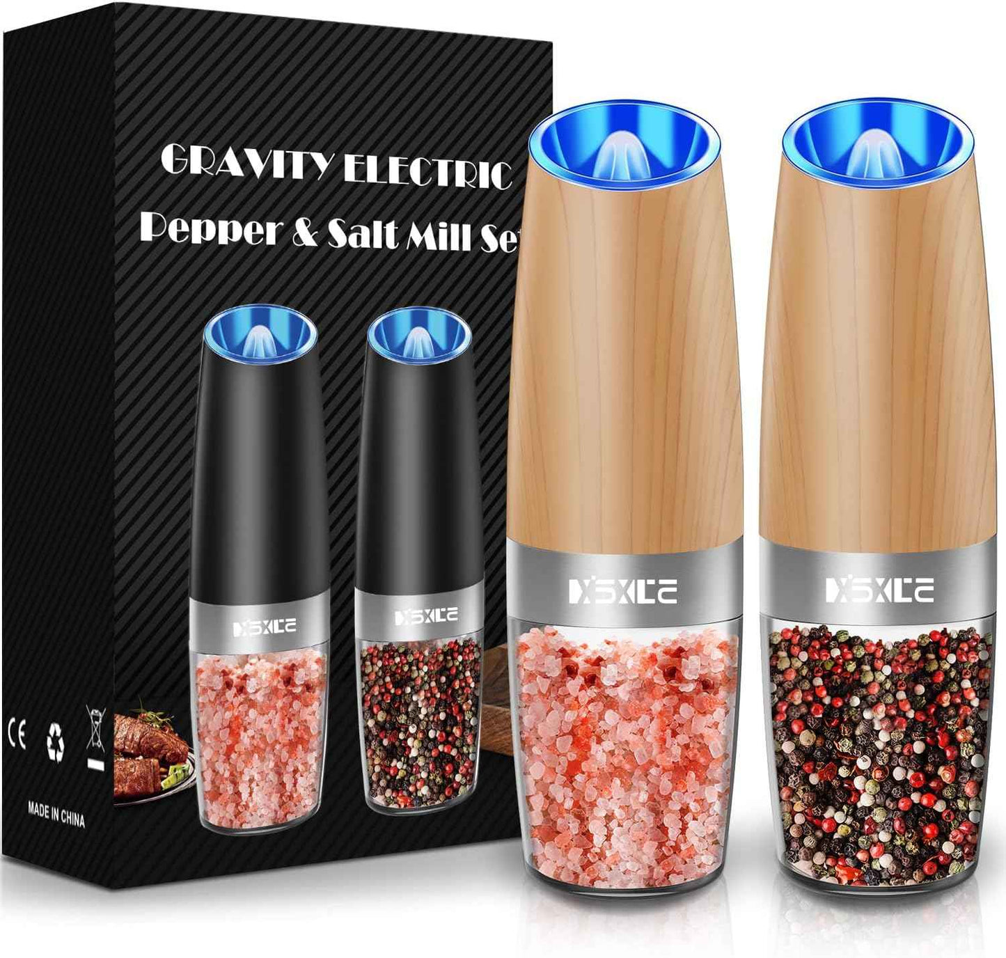 XinXu Gravity Electric Pepper and Salt Grinder Set, Adjustable Coarseness, Battery Powered with LED Light, One Hand Automatic Operation, Black -2 Pack