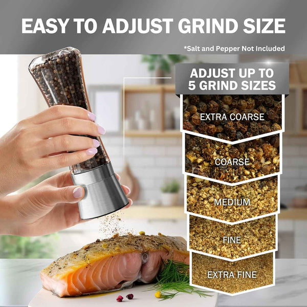 Home EC Premium Stainless Steel Sea Salt and Pepper Grinder Set - Adjustable Ceramic Mechanisms, Tall Glass Shakers, Kitchen Spice Mill with Funnel and eBook