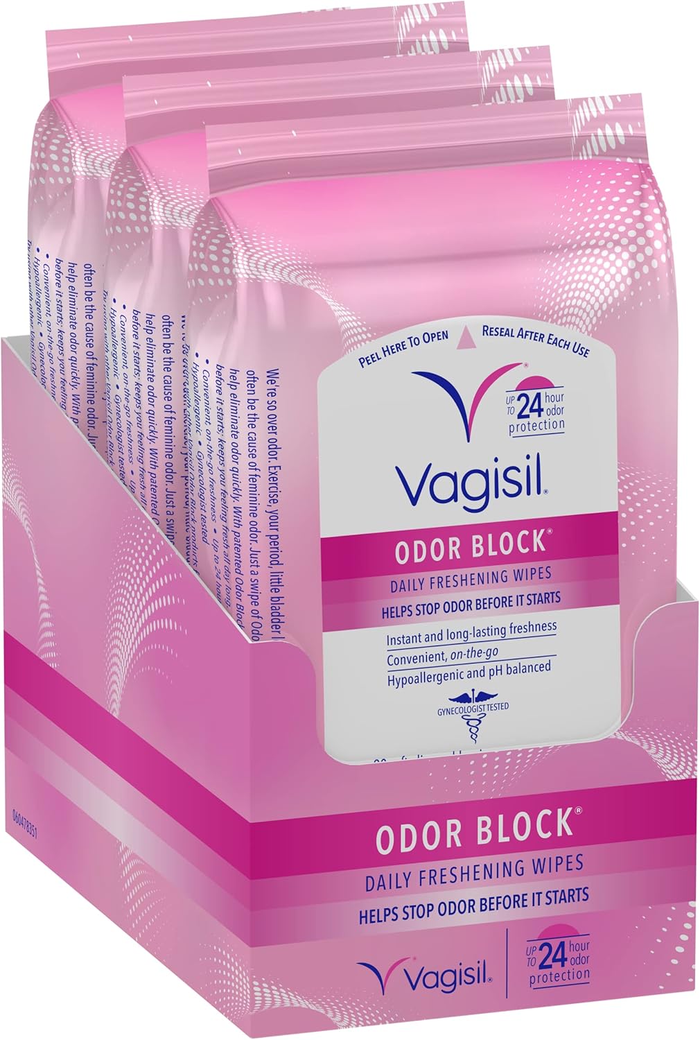 Vagisil Odor Block Daily Freshening Wipes for Feminine Hygiene in Resealable Pouch, Gynecologist Tested & Hypoallergenic, 20 Wipes (Pack of 3)